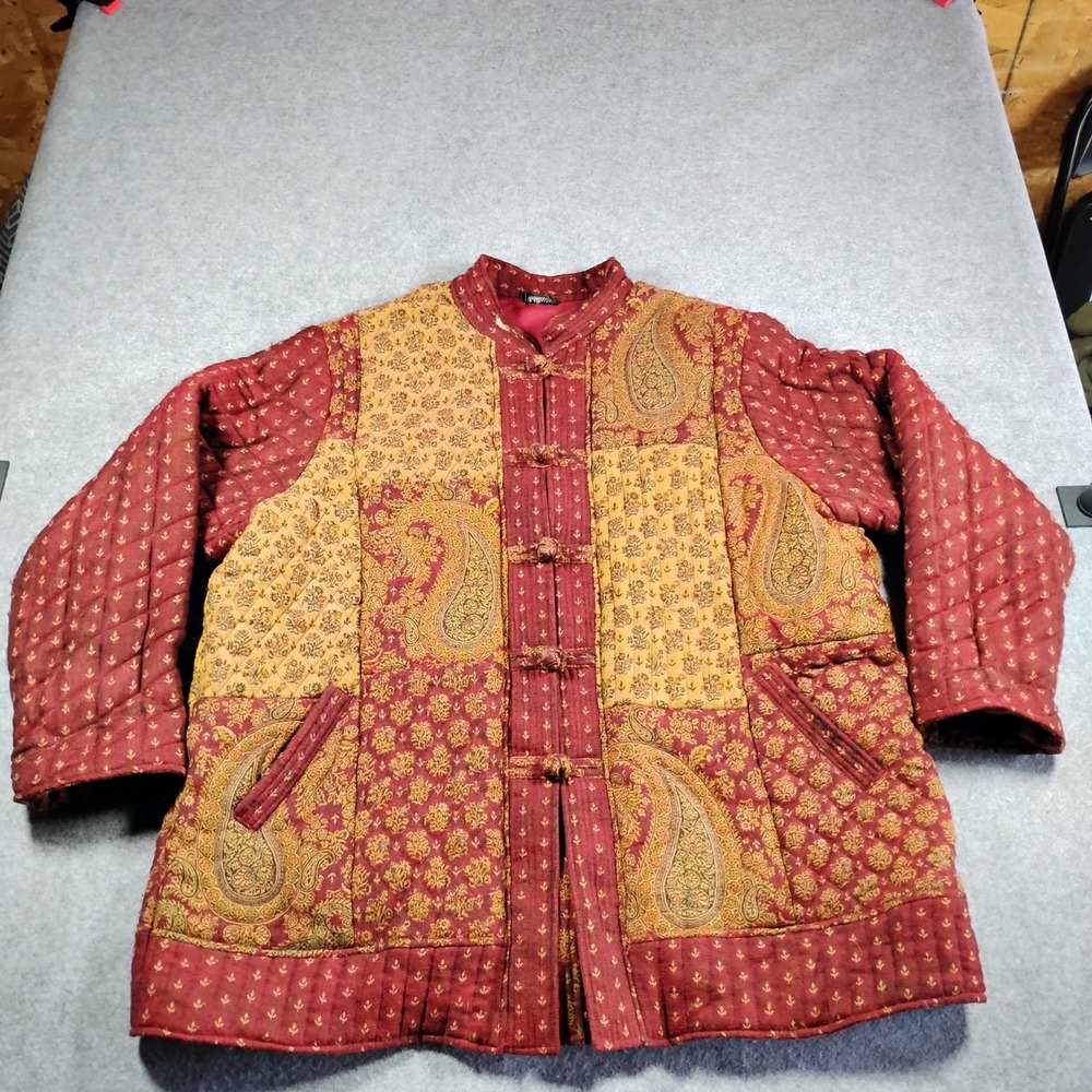 Taillissime‎ Women Vintage Quilted Wool Patchwork Paisley Toggle Jacket Red